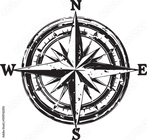 Navigate the Unknown: An aged compass rose, pointing the way towards discovery, with a worn aesthetic. Its design signifies direction and orientation.