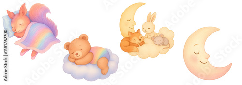 Set of adorable sleeping animals on clouds and moons, including a squirrel with a rainbow blanket, a bear, and a dreamy moon face, transparent background.