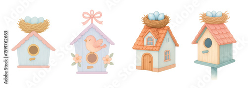 Set of whimsical birdhouses and a cottage with nests and blue eggs on the rooftops, designed in pastel colors, with floral and decorative elements, transparent background.