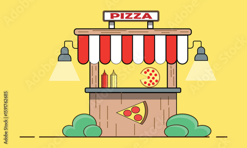 Flat Vector Illustration of a Colorful Pizza Food Stand with Red and White Striped Canopy, Wooden Counter, Lamps, and Cartoon-Style Pepperoni Pizza on a Yellow Background.
