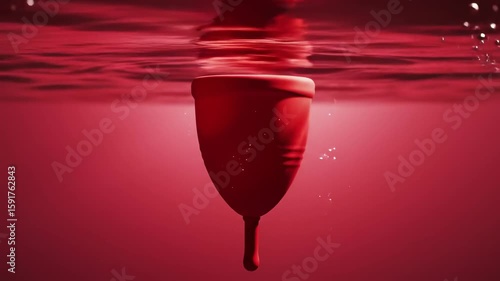 Red menstrual cup submerged in water