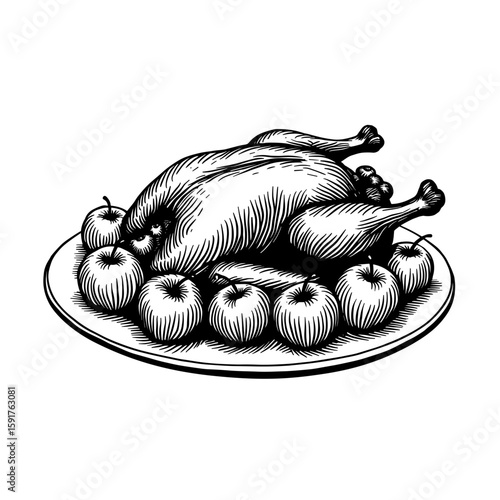 Roast chicken on plate with onions in classic black sketch style - traditional cooked poultry dish for food and dinner themes