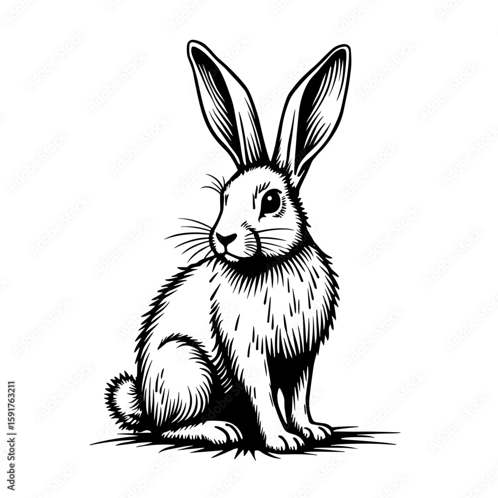 Obraz premium Rabbit sitting upright with alert ears in black sketch style - hand-drawn cute bunny illustration for animal and kids themes