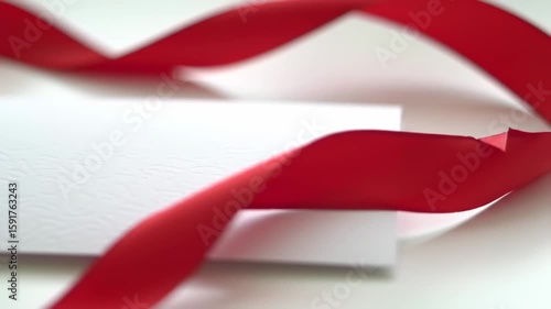 Red ribbon draped over a textured white card
