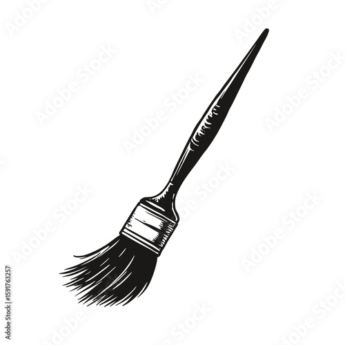 Paintbrush with detailed bristles in hand-drawn style pointing downward - artistic drawing tool illustration for creativity and painting themes