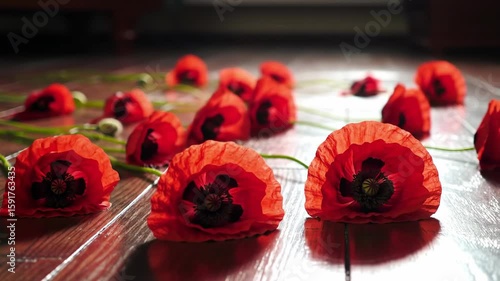 Red poppies on a wooden surface