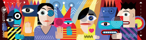 Cubism style cartoon characters - vector illustration