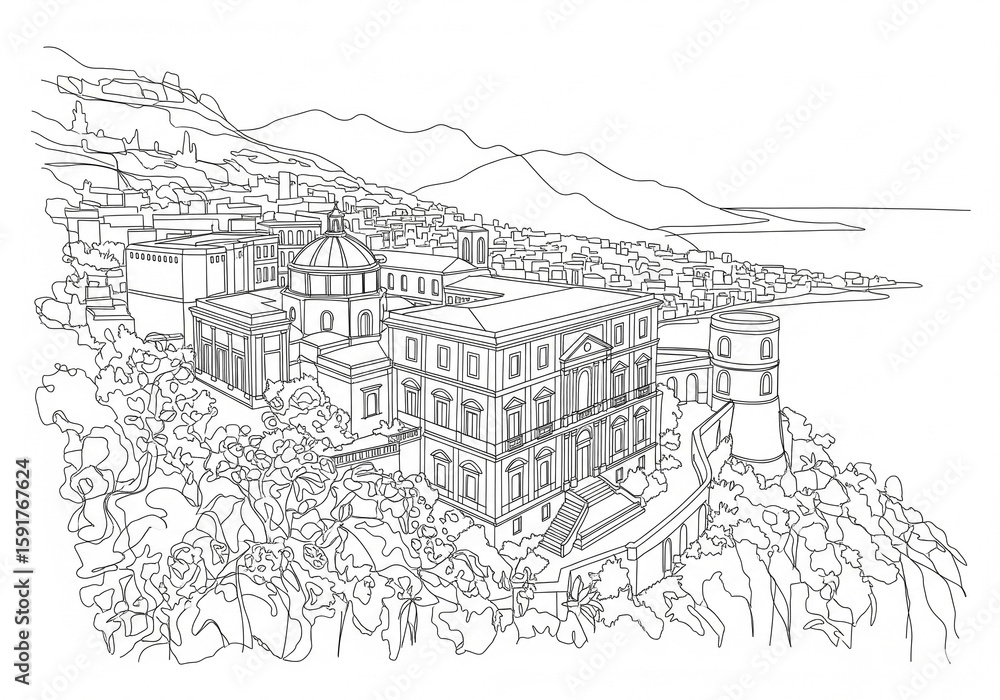 Fototapeta premium Cantina di Donn'Anna in Naples one line drawing style