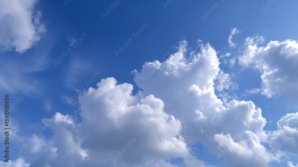 Obraz premium A serene view of fluffy clouds drifting across a bright blue sky, perfect for nature-themed projects and serene backgrounds.
