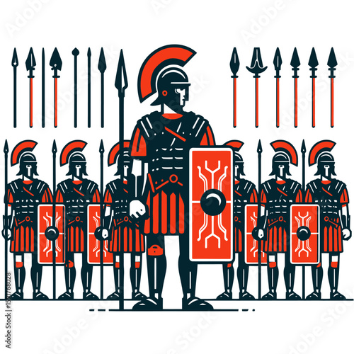 Illustration of Ancient Roman Soldiers in Formation with Shields and Spears

