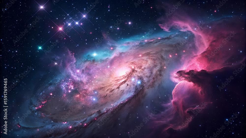 Naklejka premium Vast Spiral Galaxy in the Cosmos With Colorful Nebulae and Stars