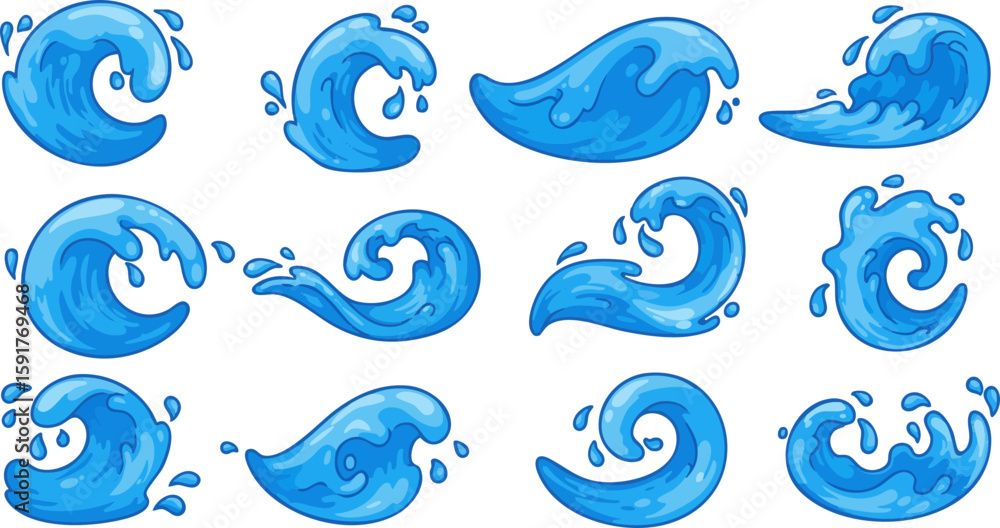 Fototapeta premium Abstract blue background with seamless water drops and floral wave patterns