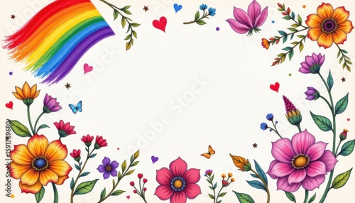 a hand drawn lgbt pride background with hand drawn floral elements in pride tones, on textured sketchbook paper, suitable for lgbtq+ wellness guides.