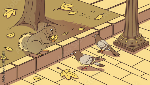 squirrel with pigeons under tree  