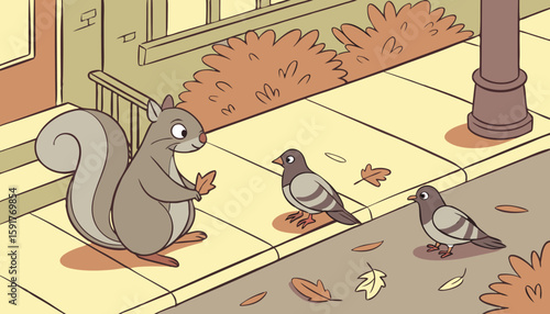 squirrel with pigeons under tree  