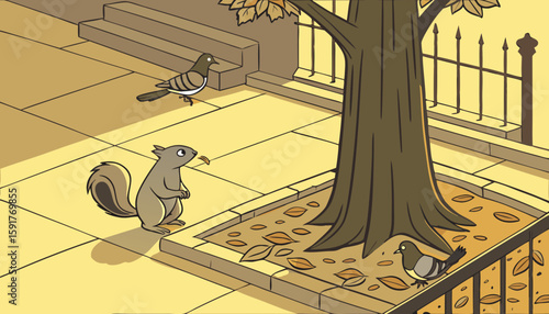squirrel with pigeons under tree  