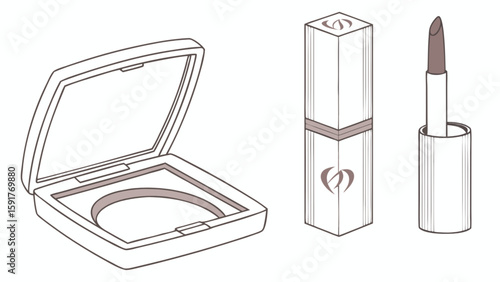 Illustration showing an open compact mirror and a lipstick tube with applicator brush visible