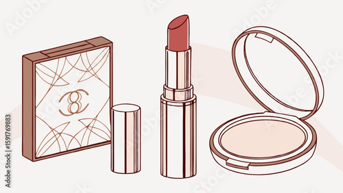 Illustration of a makeup palette, lipstick with cap, and open compact on a light background scene