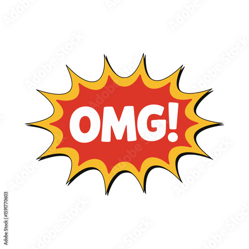 Bold red comic book style explosion shape with omg text