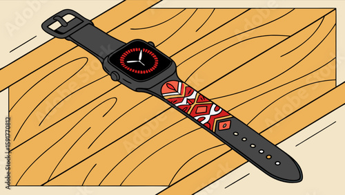 A detailed view of a smart watch with a patterned band lying on a wooden surface at an angle view