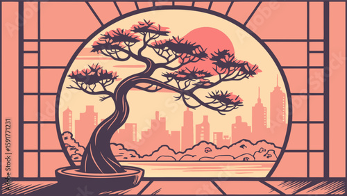 Bonsai tree in a pot with a cityscape and sun seen through a window frame in a stylized illustration