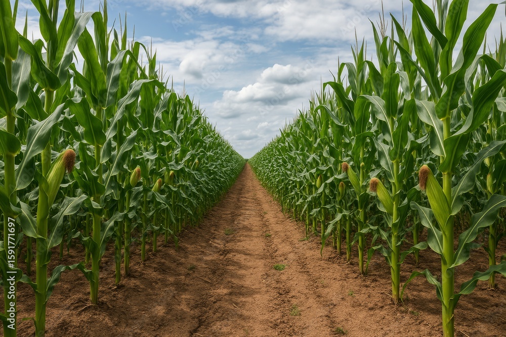 Fototapeta premium Realistic Corn Farm Landscape Under Bright Blue Sky