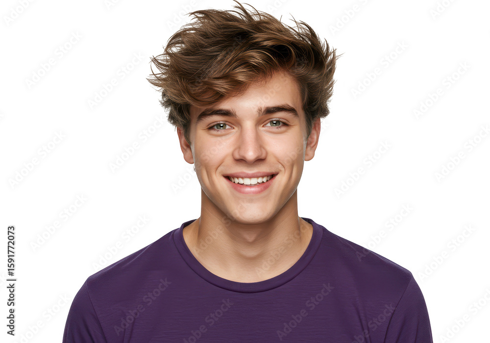 A happy young man with messy brown hair and blue eyes smiles brightly while wearing a purple tshirt, isolated on a transparent background A happy young man with messy brown hair and blue eyes smiles brightly while wearing a purple tshirt, isolated on a transparent background