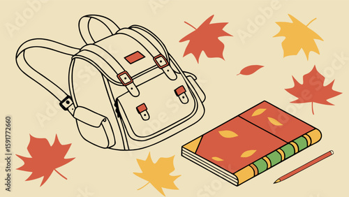 Illustration of a backpack, book, and pencil surrounded by falling autumn leaves in warm colors