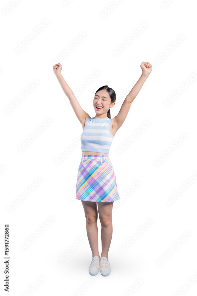 An excited young Asian woman in a dynamic pose, cheering with raised fists to celebrate a victory or great success.on png
An excited young Asian woman in a dynamic pose, cheering with raised fists to celebrate a victory or great success.on png