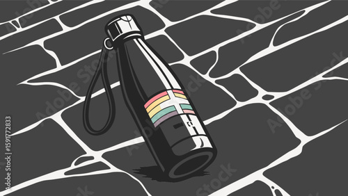 Black water bottle with rainbow stripes on a dark gray brick surface in a vector style art piece