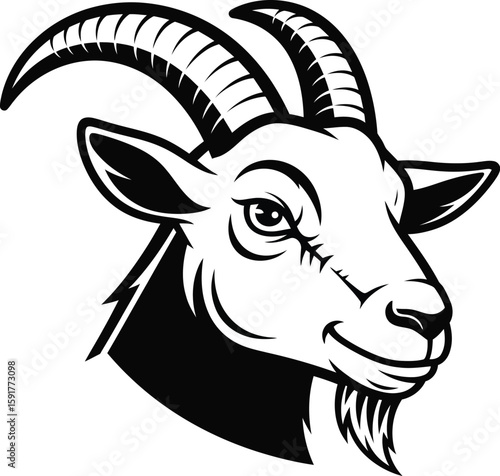 An elegant monochrome drawing displays the head of a goat featuring its curled horns and defined facial features in black and white.