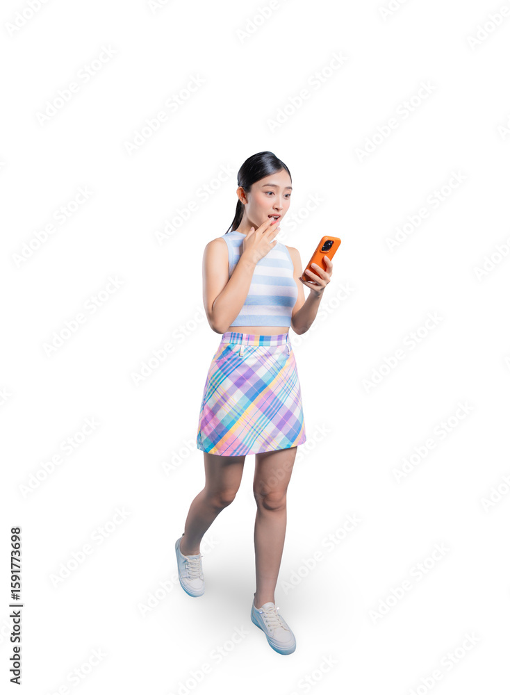 A surprised young Asian woman walking with her smartphone, reacting with amazement to something she sees online or in the distance.on png
A surprised young Asian woman walking with her smartphone, reacting with amazement to something she sees online or in the distance.on png