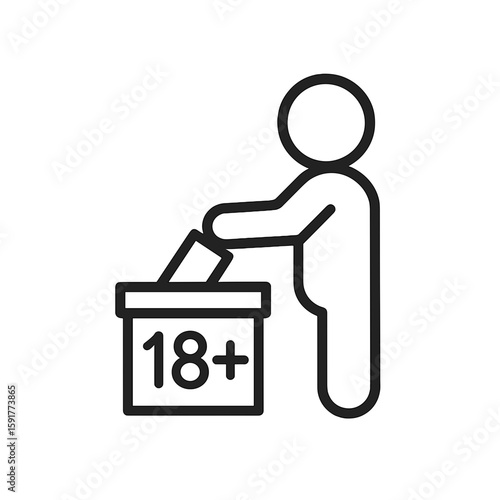 Stick figure voting in ballot box marked 18+ for age requirement  