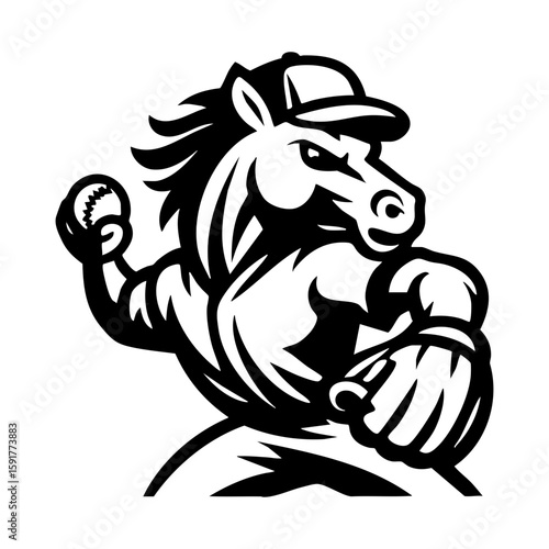 Baseball horse mascot in pitching pose wearing cap and jersey vector