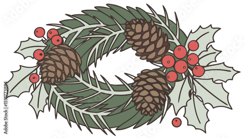 Illustration of a festive wreath with pine cones holly and red berries for christmas season decor