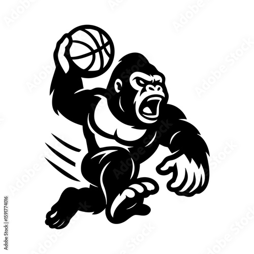 Strong gorilla mascot jumping to dunk basketball in vector cartoon logo