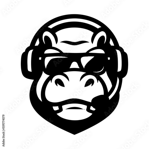 Hippo mascot icon with gaming headset and sunglasses vector illustration