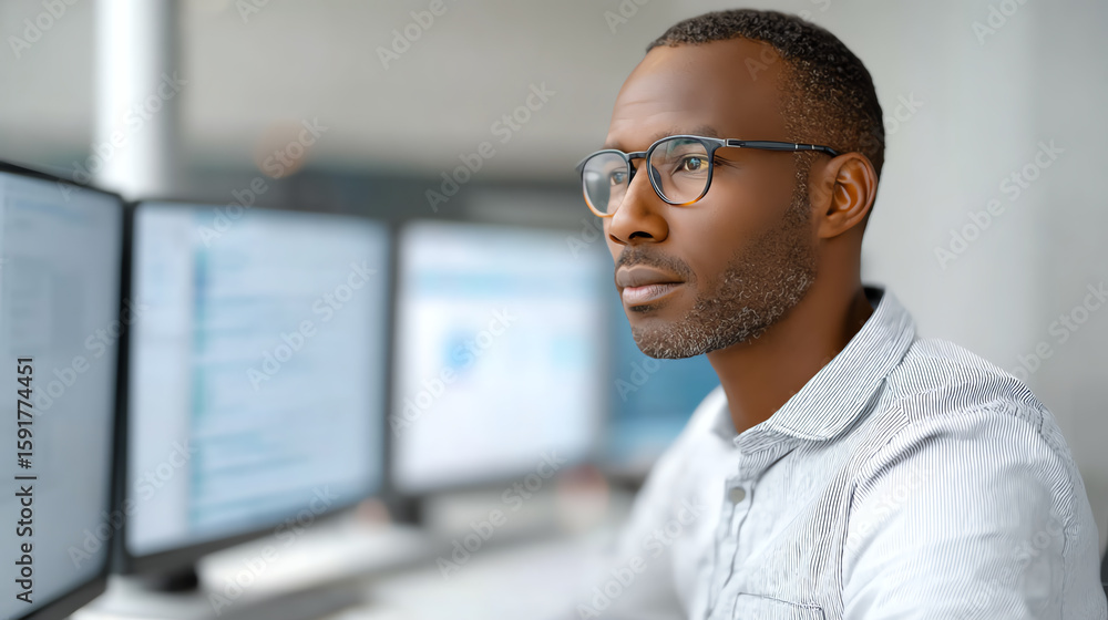 Obraz premium Focused professional working diligently at multiple computer screens in a modern office environment, exemplifying productivity.