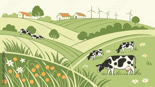 Illustration of a countryside landscape with cows grazing on rolling green hills and windmills in the distance