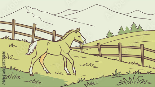 Illustration of a foal walking in a field with a fence and mountains in the background scene outdoors
