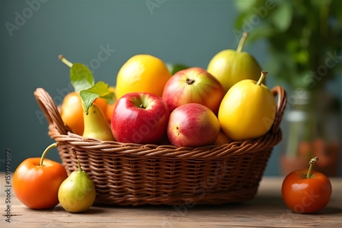 Mixed fruits in a wicker basket inside an old house
