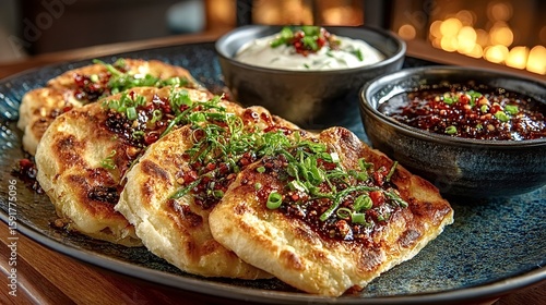 Wallpaper Mural Delicious roti canai, a malaysian flatbread, elegantly presented on a sophisticated plate with fresh herbs and two flavorful dipping sauces, set against a warm fireplace backdrop Torontodigital.ca