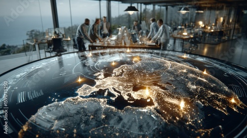 Global Business Strategy Meeting: Team Analyzing World Map Data on Interactive Table in Modern Office with Coastal View, Futuristic Technology