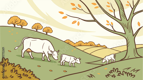 Cartoon illustration of cows grazing in a grassy field with autumn trees and rolling hills scenery