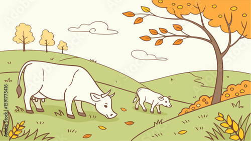 Cartoon illustration of a cow and calf grazing in a field with autumn trees and rolling hills