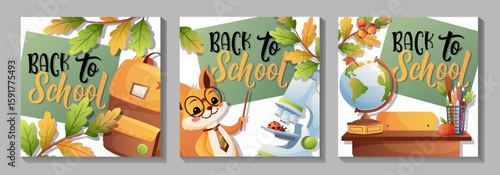 Square vector set of 3 illustrations featuring squirrel, school backpack, microscope and Back to School message. Great for education posts, kids ads and themed content.