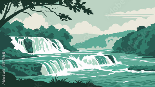 Scenic view of a cascading waterfall flowing through a lush green forest landscape illustration