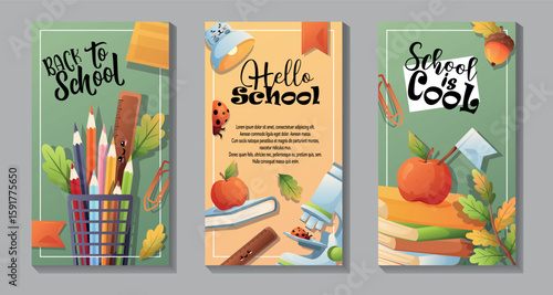 Vertical vector set of 3 school story posts. Includes pencils, ruler, microscope, apple, books, ladybug and seasonal elements. Perfect for educational social media content.