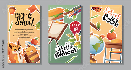 Pack of 3 vertical vector stories featuring squirrel, globe, backpack, school desk and autumn objects. Great for promo posts, educational media and seasonal design.