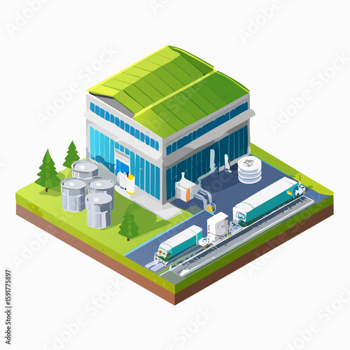 Isometric illustration of a modern factory building with storage tanks, trucks, and a train for industrial logistics.
